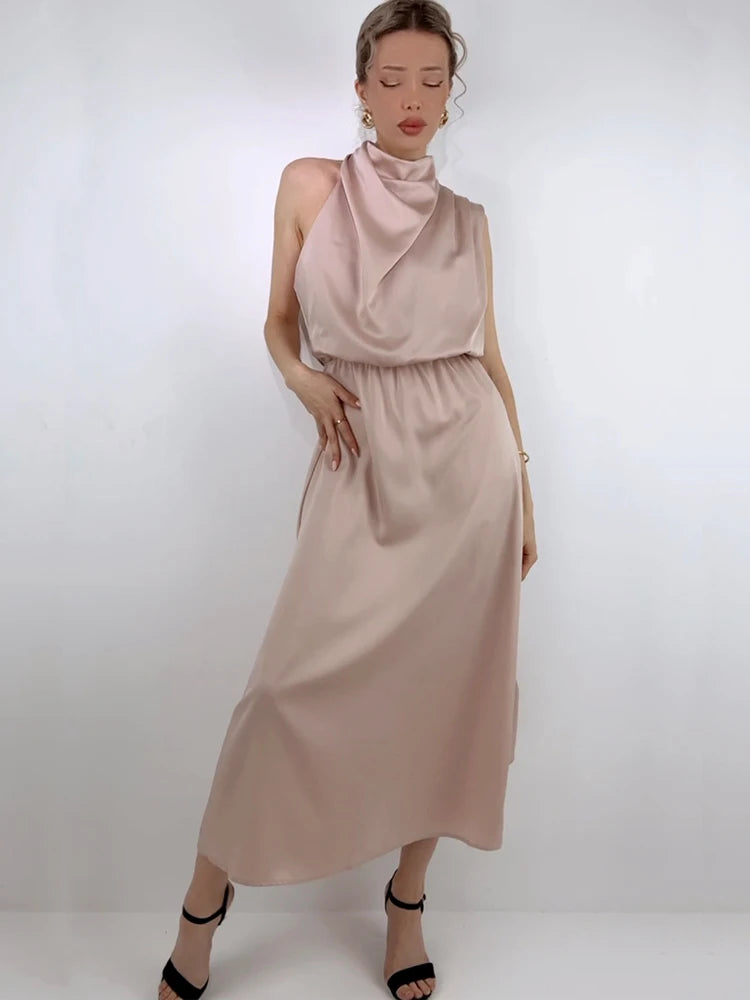 Women's Summer High-End Silk Satin Long Dress | Elegant Celebrity Evening Gown | Luxury Scarf Collar Sleeveless Party Dress | Premium Knit Asymmetrical Slip Maxi Robe Luxegan