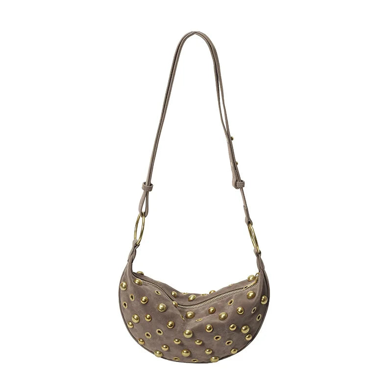 Women's Suede Rivet Designer Crossbody Bag | Premium Faux Suede Shoulder Hobo Purse | Minimalist Solid Color Handbag with Open Pocket | Versatile Four-Seasons Travel Pack Model 20250718HM017 Luxegan
