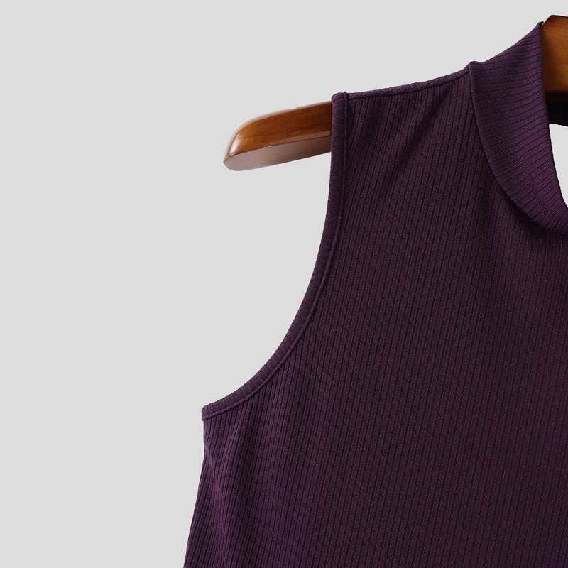 INCERUN Men Tank Tops Knitted Solid Color Turtleneck Sleeveless Male Vests Streetwear Hollow Out Backless Fashion Men Clothing