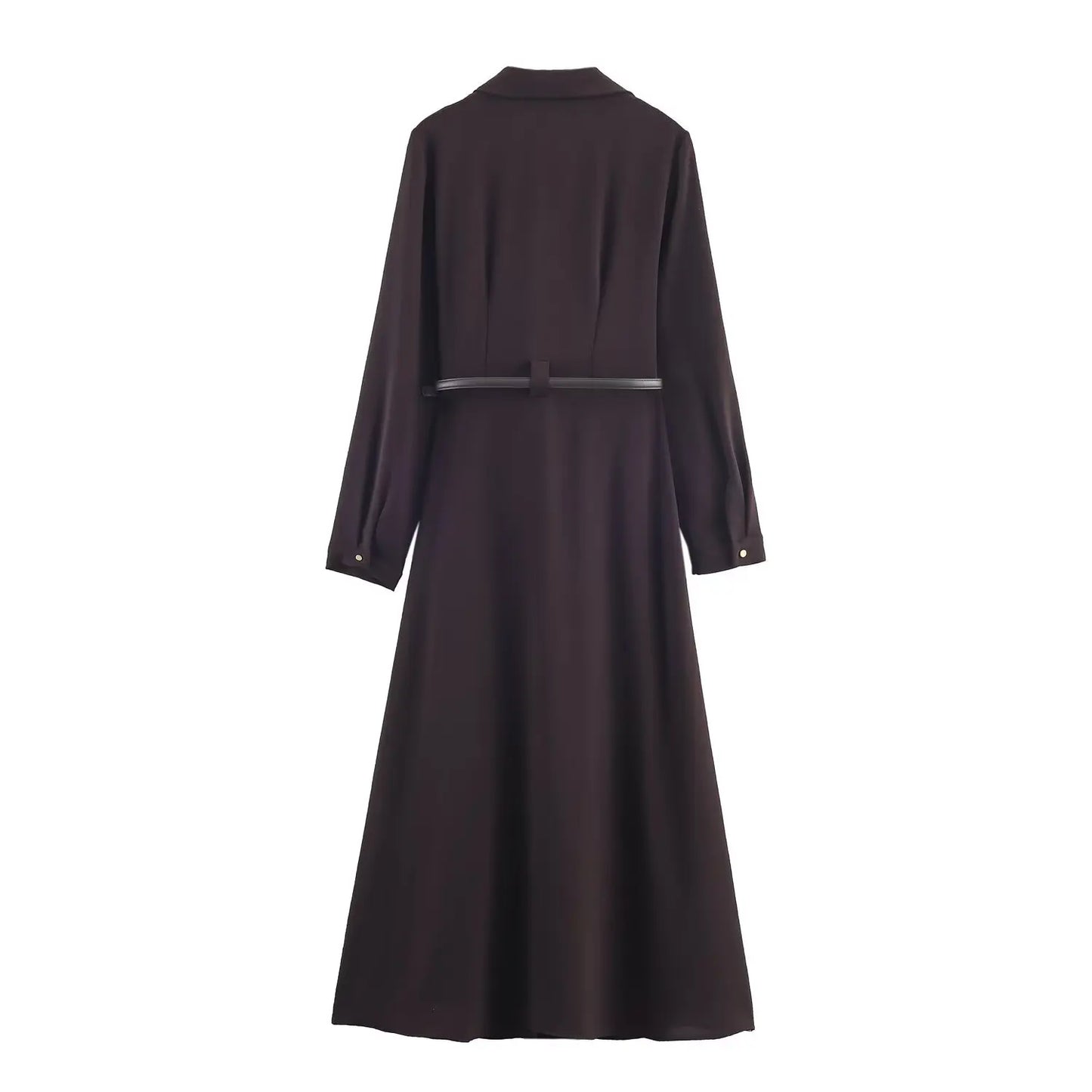Fall Elegant Vintage Coffee Belted Long Dress | Premium Single-Breasted V-Neck Slim Fit Dress | Autumn Fashion Dinner Party Ladies Dress | Model W101211924 Full Sleeve Ankle-Length A-Line Gown Luxegan