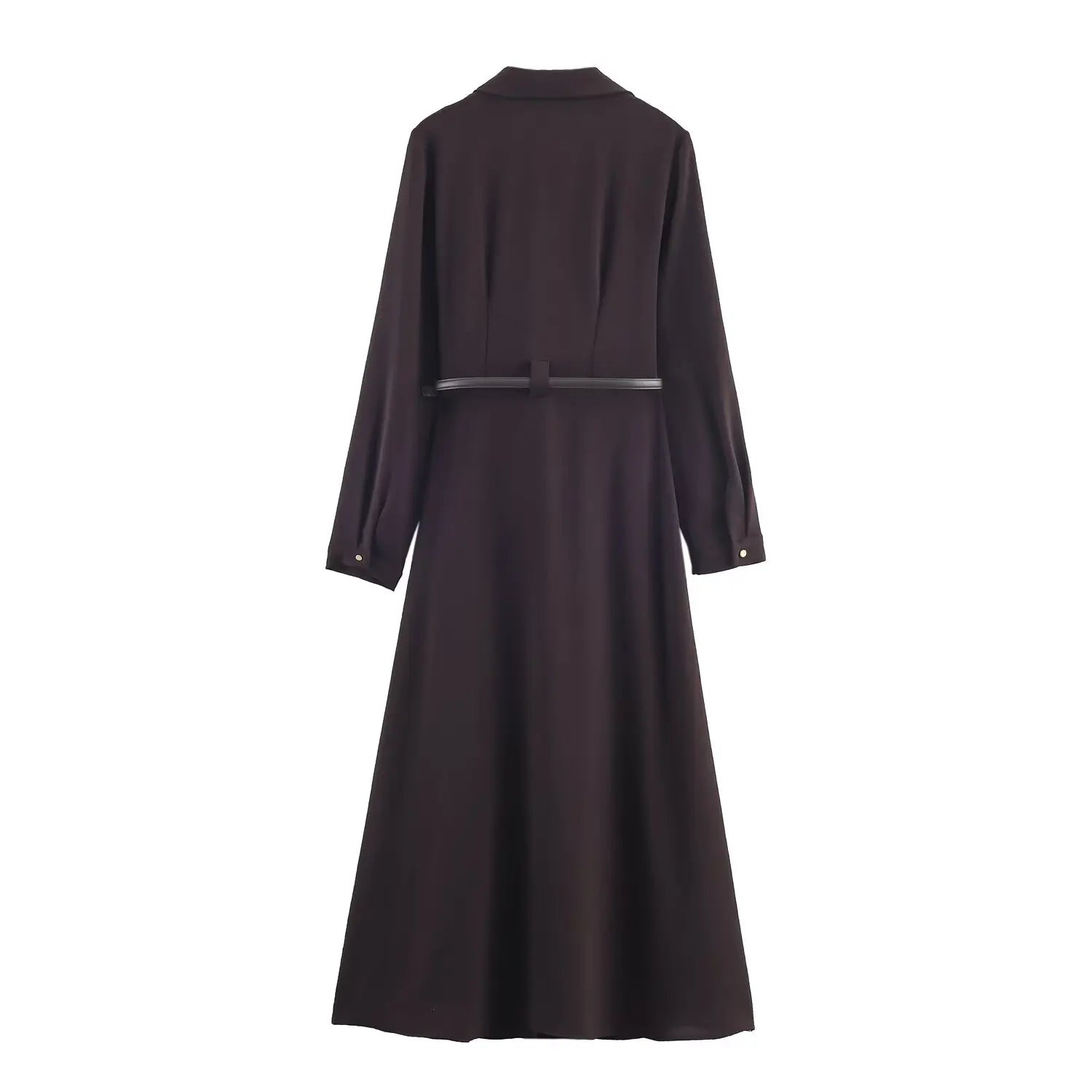 Fall Elegant Vintage Coffee Belted Long Dress | Premium Single-Breasted V-Neck Slim Fit Dress | Autumn Fashion Dinner Party Ladies Dress | Model W101211924 Full Sleeve Ankle-Length A-Line Gown Luxegan