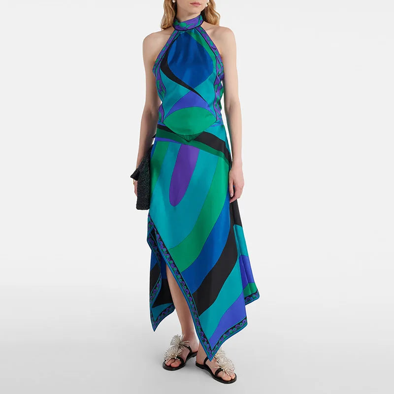 Print Square Neck Patchwork Detail Regular Fit A-Line Ankle-Length Dress – Available as Dress or 2-Piece Set with Cape Top, Summer Luxegan
