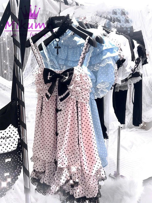 Polka Dot Bow Spaghetti Strap A-Line Mini Dress | Y2K Harajuku Kawaii Gothic Japanese Summer Dress Luxegan