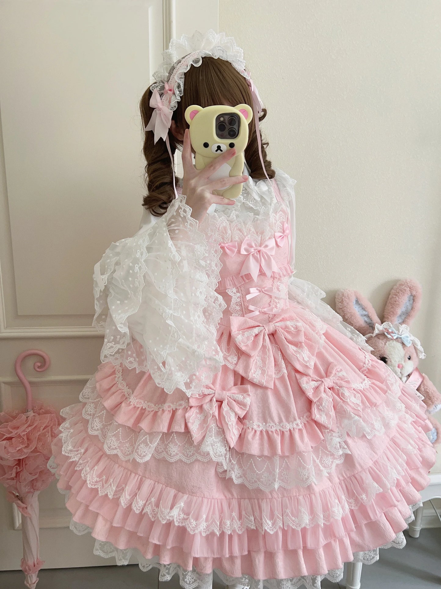 Women's Sweet Lolita JSK Suspender Dress Set | Original Doll Feeling Princess Fairy Mini Gown | Elegant Lace Bow Spaghetti Strap Cake Dress | Premium Tatting Slight Stretch Empire Waist Vestido Luxegan