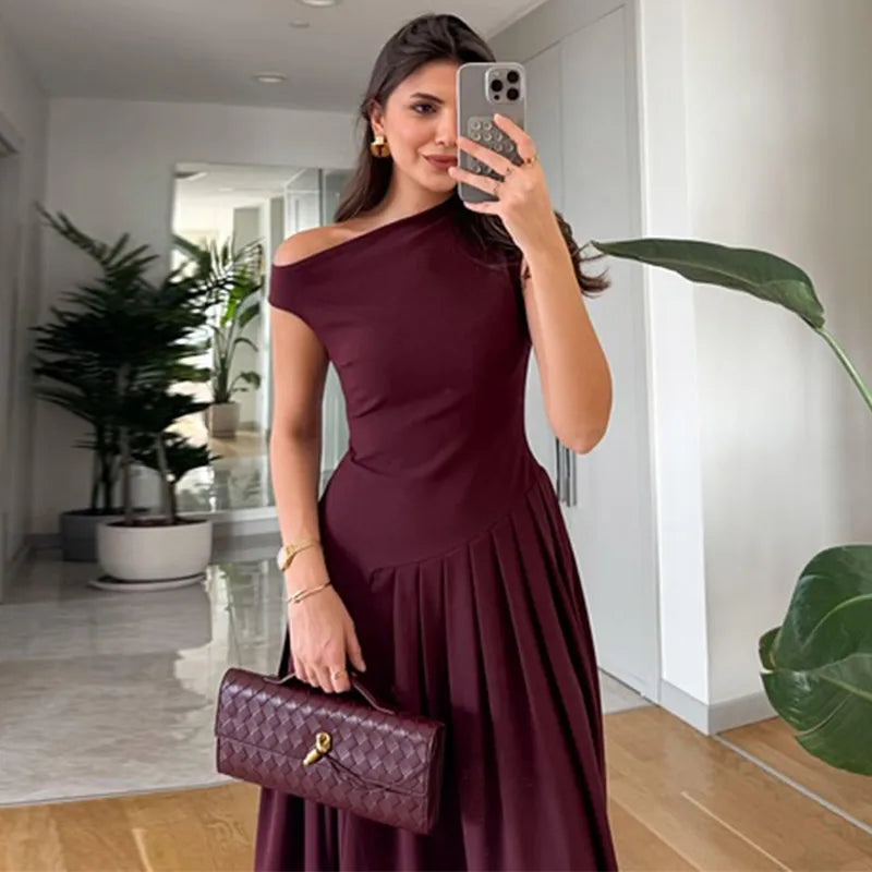 Women's Elegant Skew Collar Long Dress | Casual Summer Loose Fit Asymmetrical Midi Gown | Ruched Sleeveless Fit and Flare Robe | Premium Empire Waist Solid Dress Model Sexy Dress Women Luxegan
