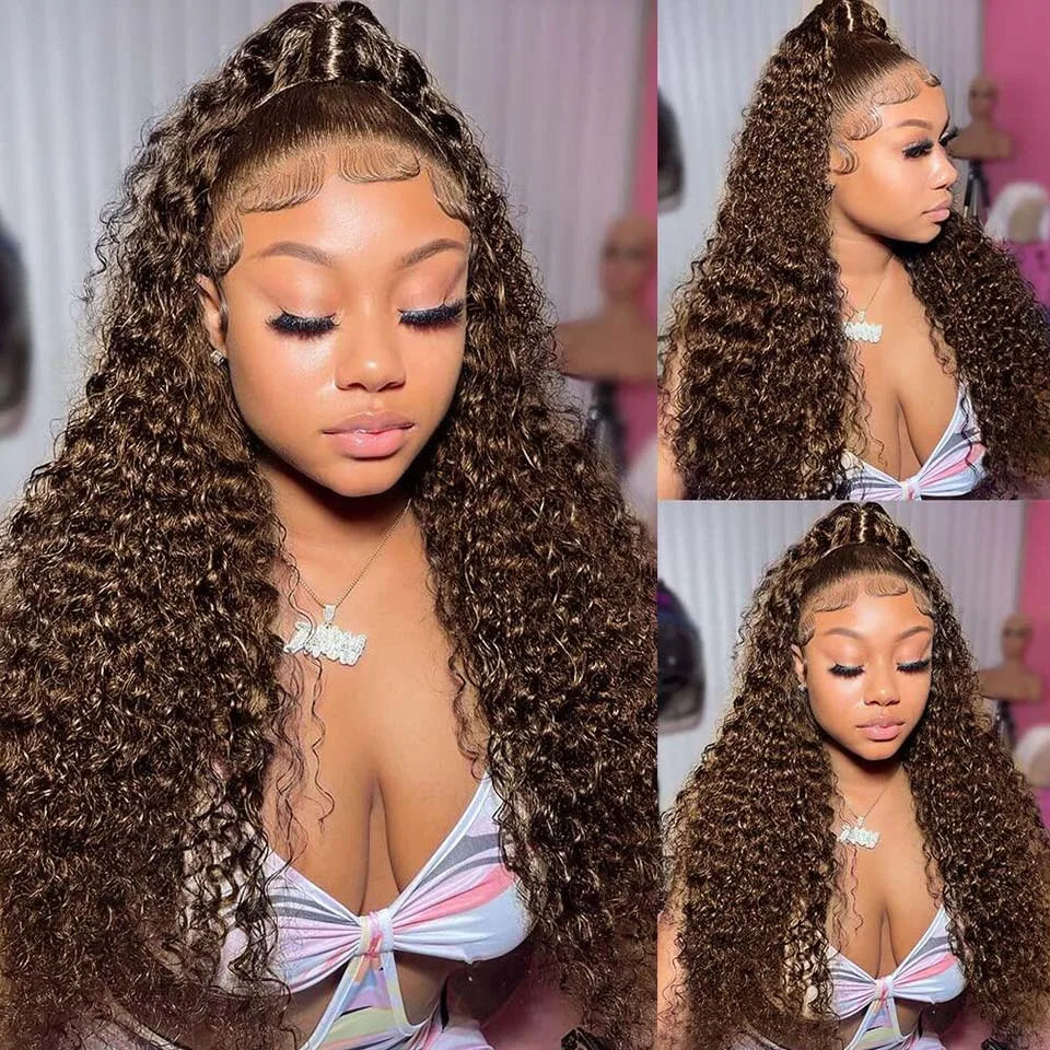 Chocolate Brown Deep Wave Frontal Wig | 13x4 HD Transparent Curly Lace Front Human Hair Wig (Bleached, Brazilian Brown Colored) Luxegan