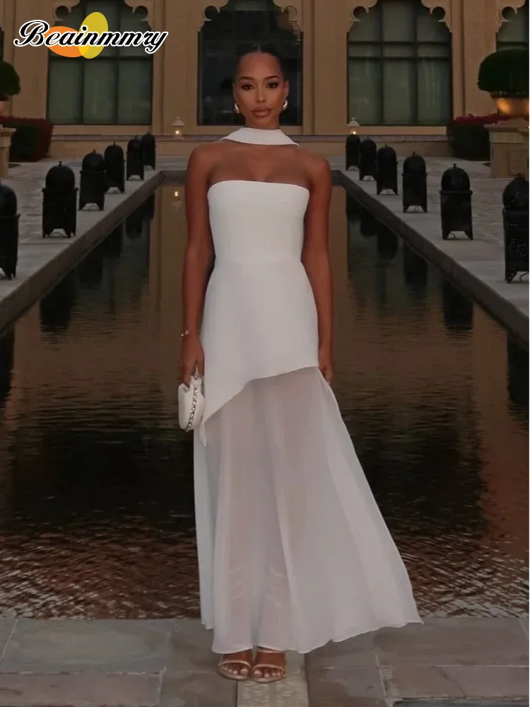 Elegant White Mesh Splicing Slim Women Strapless Dress Chic Scarf Neck Off Shoulder High Waist Long Dresses Lady Party Robes