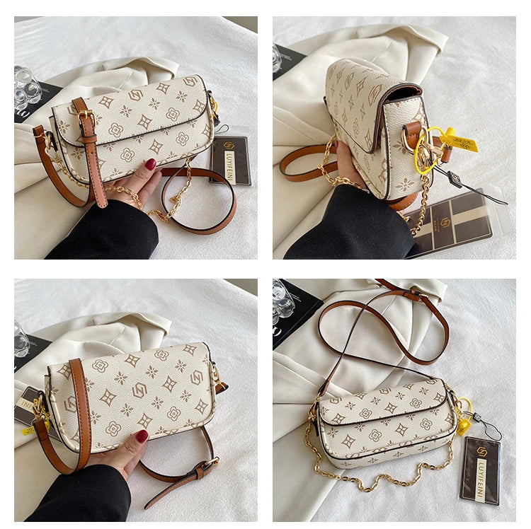 Fashionable Retro Printed Small Square Bag | Versatile Floral Baguette Underarm Bag | Soft PU Leather Crossbody & Shoulder Purse for Parties Luxegan