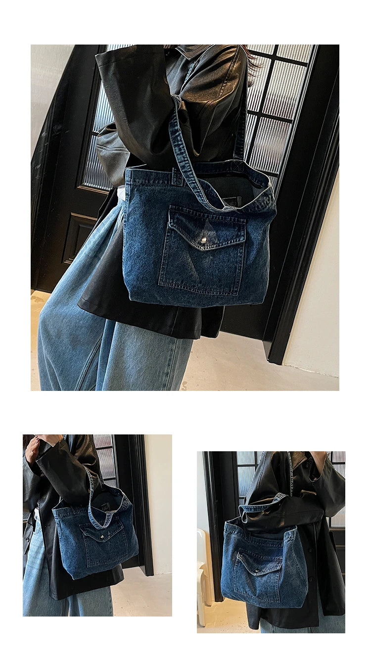 Fashion Luxury Women’s Denim Shoulder Bag | High-Quality Fabric Large Capacity Tote | Sophisticated Multi-Functional Handbag | Fashion-Forward Square Denim Crossbody with Exterior Flap Pocket Luxegan