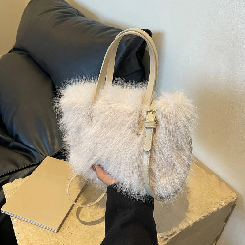 Faux Fur Tote Bag Women's | Bucket Plush Luxury Design Ladies Handbags & Soft Winter Crossbody Shoulder Bags (Bolsa Feminina) Luxegan