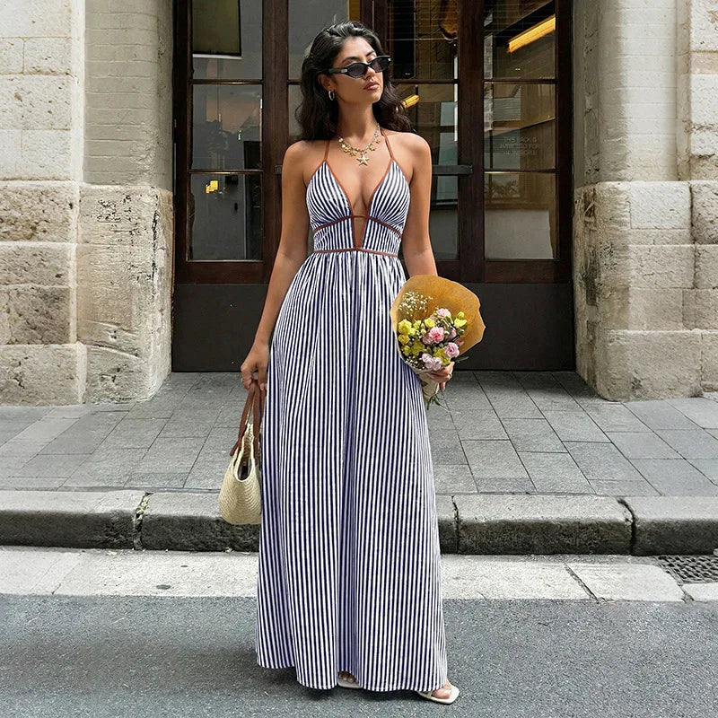 Striped Halter Neck Sleeveless Backless Loose Fit A-Line Ankle-Length Dress – Empire Waist, Summer Luxegan