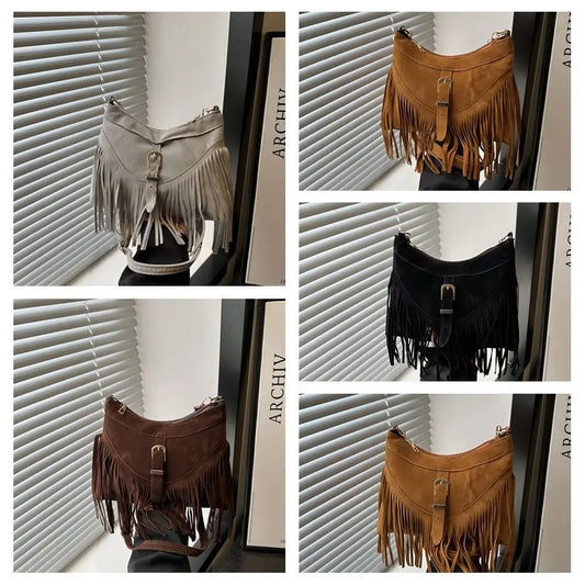 Casual Korean Tassel Shoulder Bag | Solid Color Suede & PU Leather Underarm Pack | Ethnic Bohemian Style Travel Handbag (Women) Luxegan