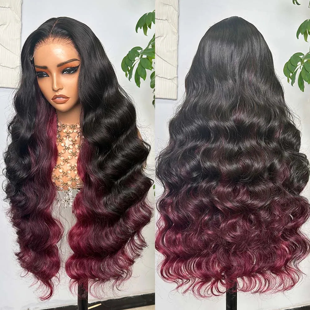 Long Body Wave Highlight Wear-and-Go Glueless 6x6x1 T-Part Lace Closure Wig - Pre-Plucked & Bleached Knots Mixed Hair Wig - Transparent Swiss Lace Human Hair & Synthetic Blend Wig for Women Luxegan