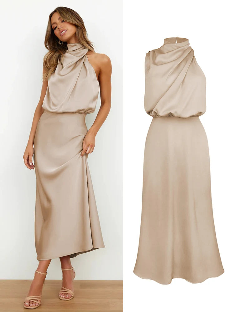 Women's Summer High-End Silk Satin Long Dress | Elegant Celebrity Evening Gown | Luxury Scarf Collar Sleeveless Party Dress | Premium Knit Asymmetrical Slip Maxi Robe Luxegan