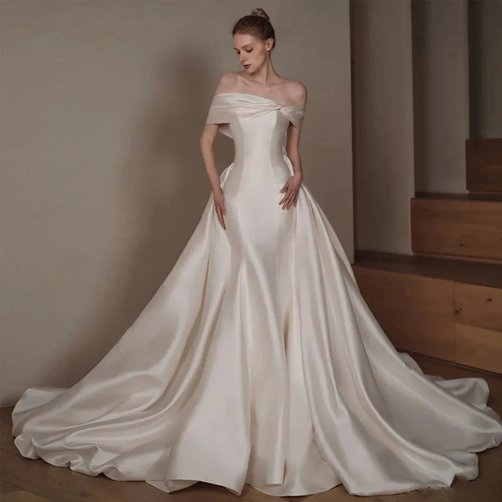 Off-The-Shoulder Satin Mermaid Wedding Dress | 2-Piece Detachable Court Train Bridal Gown | Short-Sleeve Sweetheart Beaded Bow Luxury Dress Luxegan