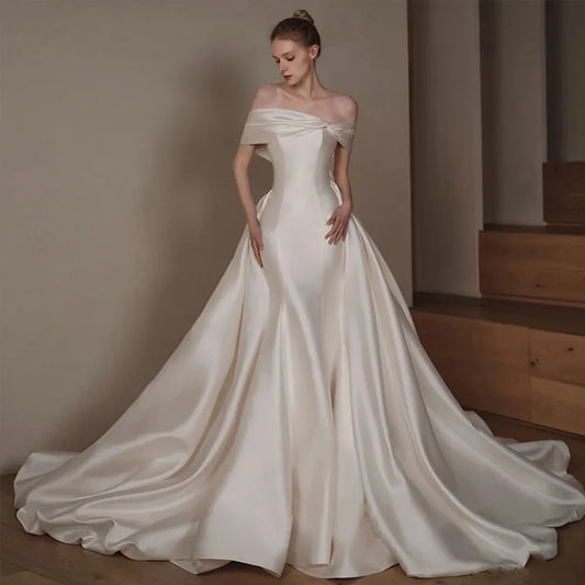 Off-The-Shoulder Satin Mermaid Wedding Dress | 2-Piece Detachable Court Train Bridal Gown | Short-Sleeve Sweetheart Beaded Bow Luxury Dress Luxegan