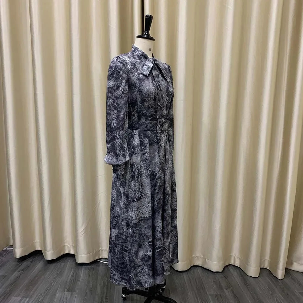 Elegant Vintage Dresses for Women Bow Collar Full Sleeve Belt Waisted A Line Mid Calf Birthday Party Dinner Vestidos Mujer Dress