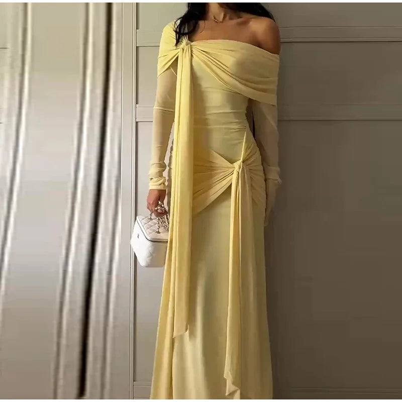 Off-the-Shoulder Long Sleeve Lace-Up Draped A-Line Floor-Length Maxi Dress | Elegant Chic Party Dress Luxegan