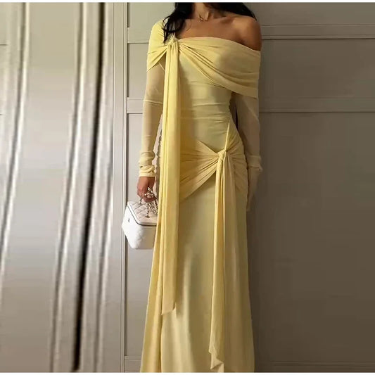 Off-the-Shoulder Long Sleeve Lace-Up Draped A-Line Floor-Length Maxi Dress | Elegant Chic Party Dress Luxegan