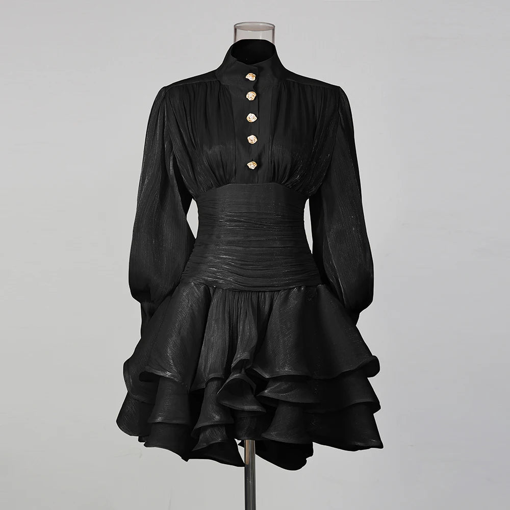 Solid Stand Collar Long Puff Sleeve Tiered Detail Slim Fit A-Line Knee-Length Dress – Empire Waist, Spring/Summer Luxegan