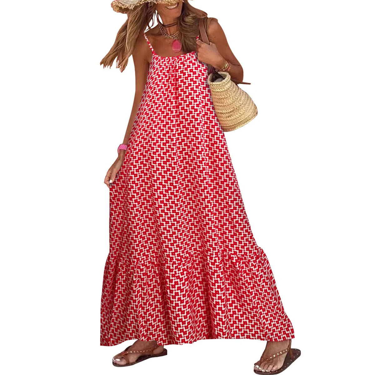 Print Slash Neck Spaghetti Strap Sleeveless Backless Loose Fit A-Line Floor-Length Dress – Slight Stretch Polyester, Empire Waist, Summer Luxegan