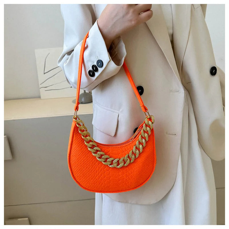 Fashion Women's Felt Handbag | Imitation Metal Chain Underarm Bag (Retro Ladies Solid Color Shoulder Bag, Trendy Casual Clutch Purse) Luxegan