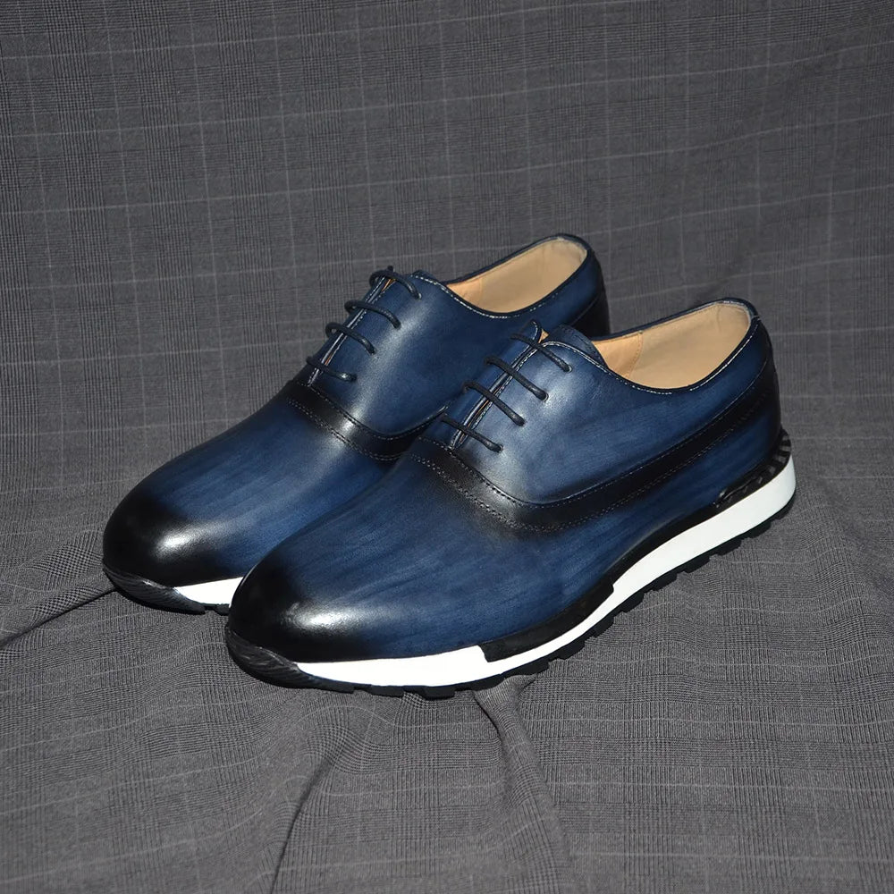 Luxury Classic Oxford Sneakers | Sophisticated Hand-Painted Genuine Cow Leather | Elegant "Dark-Blue & Purple" Lace-Up Male Footwear | "Dignified" Handmade Sheepskin Insole Shoes for Radiant Versatile Styling Luxegan