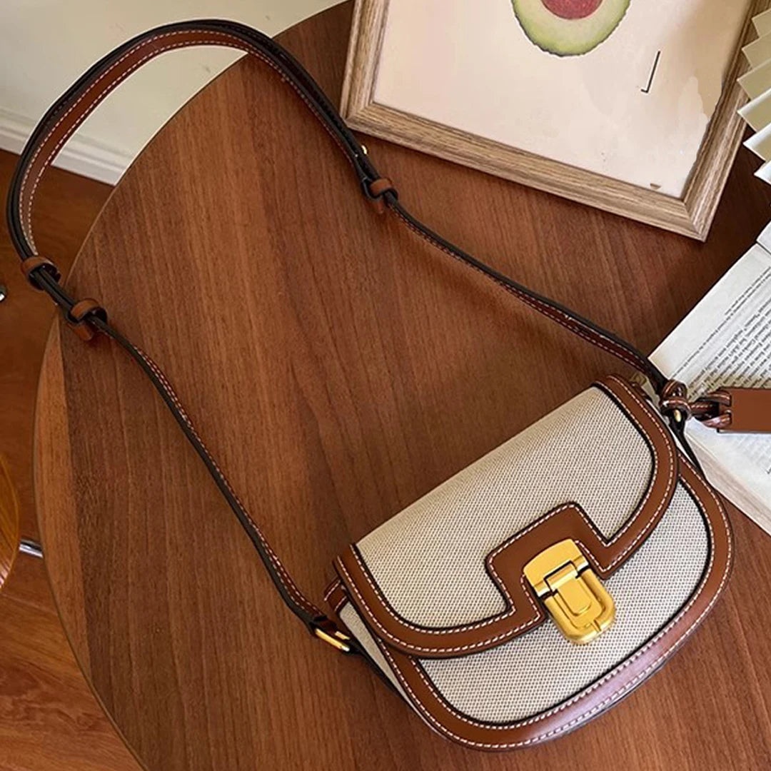 Retro Canvas Patchwork Crossbody Bag | Contrasting Color Saddle Bag