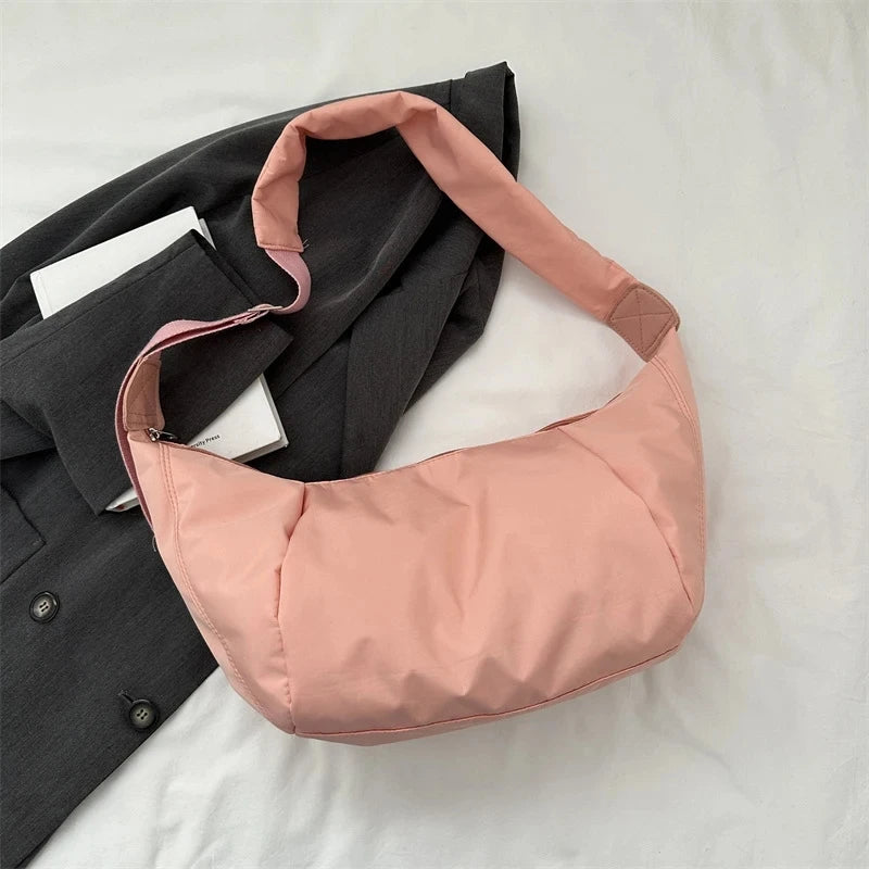 Fashion Large Capacity Hobo Bag | Casual Oxford Cloth & PU Leather Women's Half Moon Crossbody Tote Luxegan