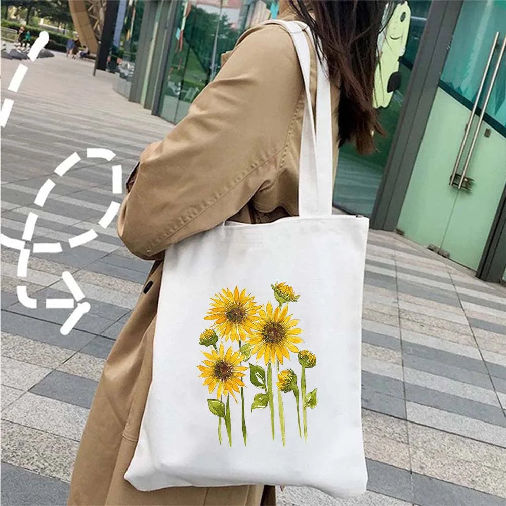 Succulove Floral Cotton Tote Bag | Large Capacity Handbag with Tulips, Hydrangeas, Sunflowers & More (Casual Shoulder Shopper, Eco-Friendly) Luxegan