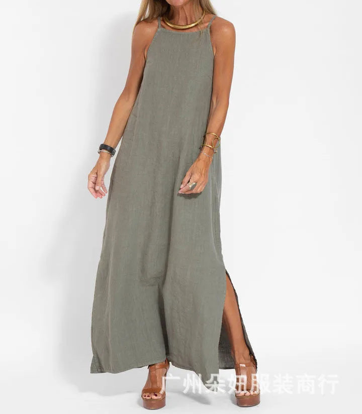 Solid Round Neck Sleeveless Loose Fit Ankle-Length Broadcloth Dress – Empire Waist, Summer Luxegan