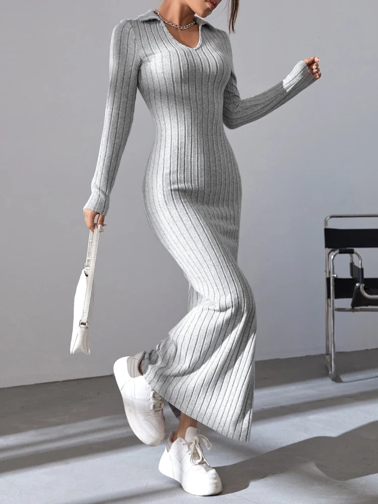 Women's Sexy Solid V-Neck Knit Dress | Reverse-Neck Split Ankle-Length Sweater Dress | Full-Sleeve High-Stretch Slim Office Lady Sheath Luxegan