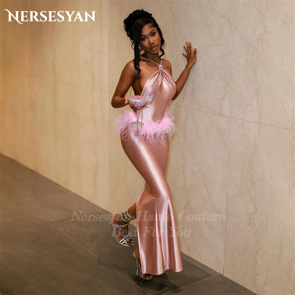 Nersesyan Luxury Pink Mermaid Evening Dresses Glitter Halter Feather Shiny Formal Dress Backless Slit Party Gowns Customized