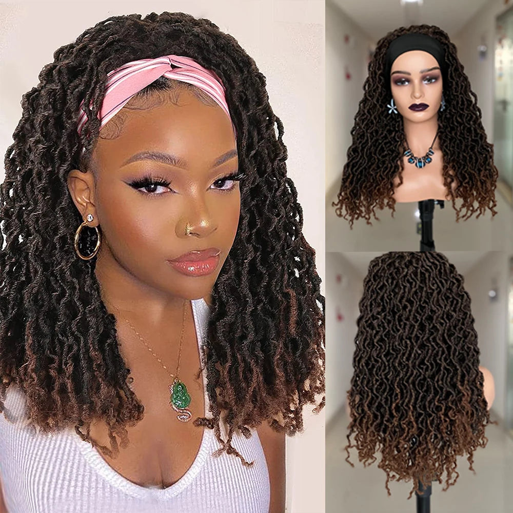 Faux Locs Crochet Headband Wig - Ombre Brown Synthetic Braided Box Braid & Twist Wig - Medium Length Curly Dreadlocks Headband Wig for Black Women (Daily Use) Luxegan