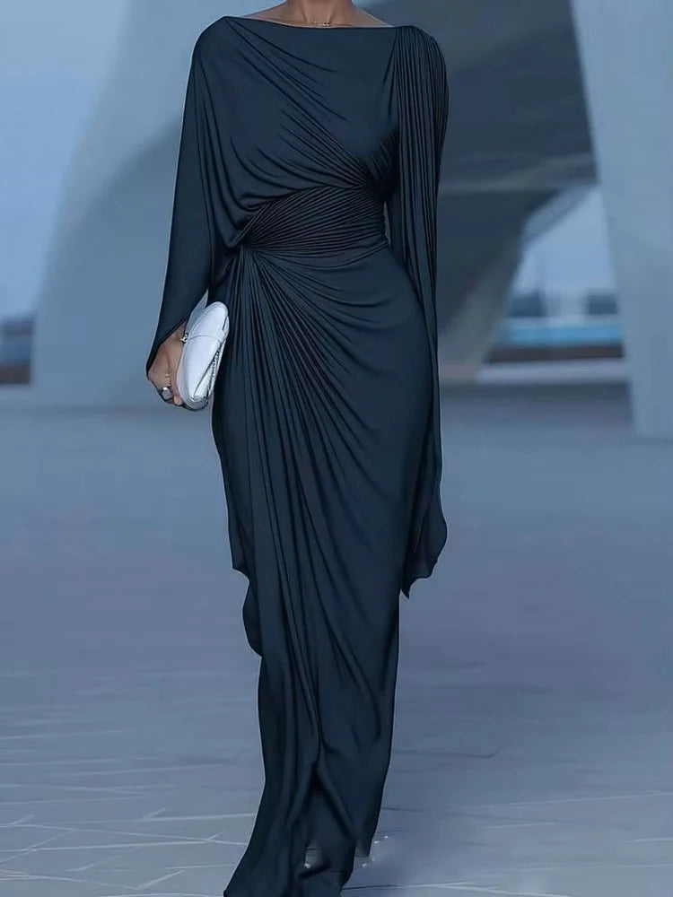 O-Neck Batwing Sleeve Irregular Draped Split A-Line Maxi Dress | Elegant Slim Temperament Gown Luxegan