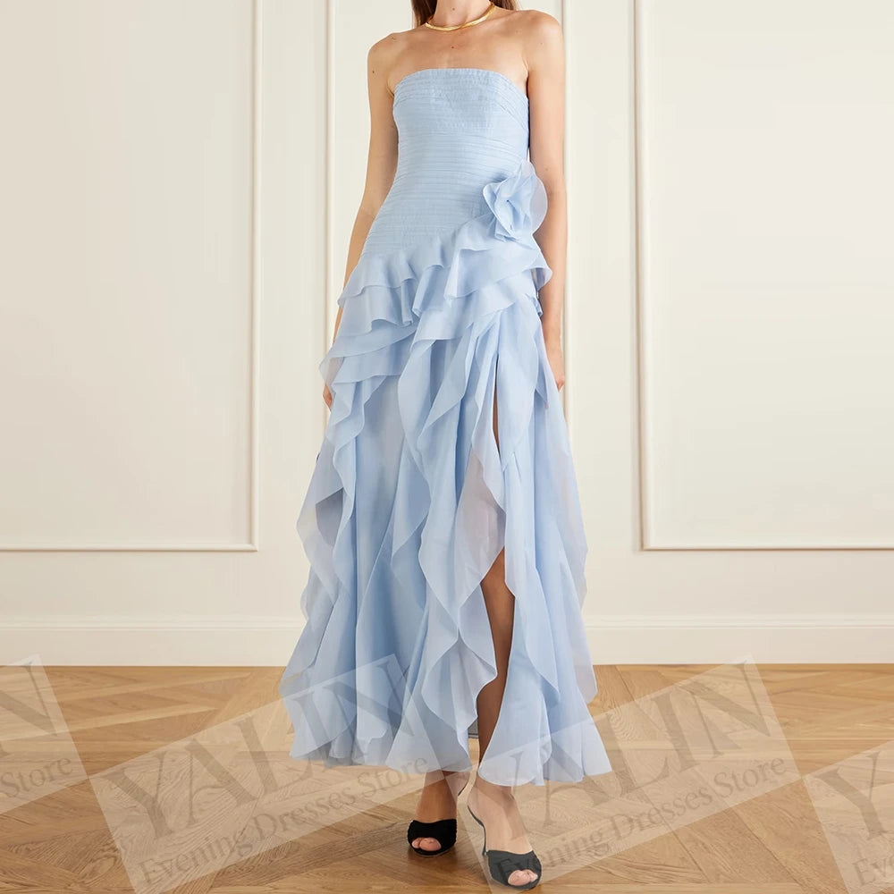 Floral Ruched A-Line Prom Dress | Strapless Ankle-Length Draped Evening Gown Luxegan