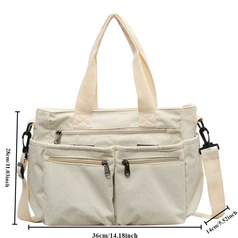 Female Large Capacity Corduroy Tote Bag | New Korean Style Fashion Women's Shoulder Crossbody Bag (Worker Commuter Handlebag)