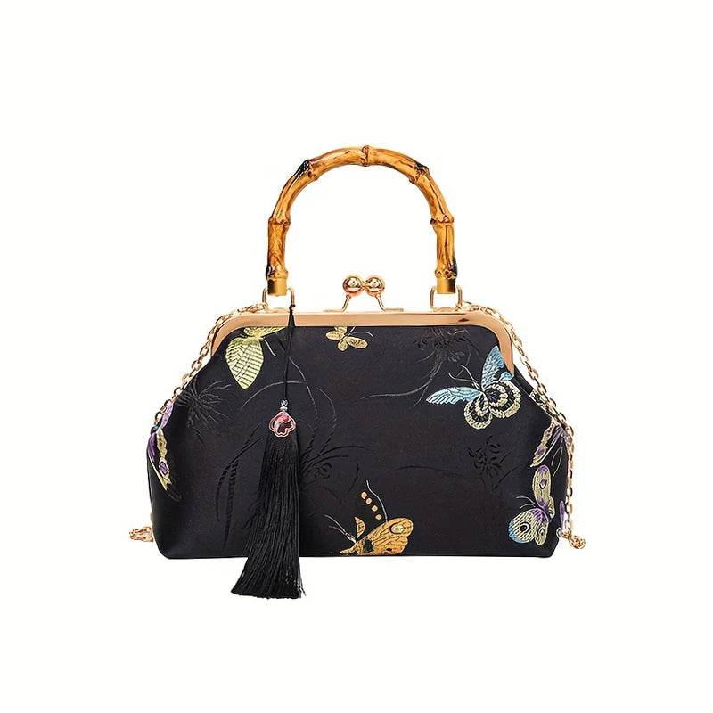 Luxury Silk Embroidered Handbag | Sophisticated "Retro Palace" Silhouette | Elegant Bamboo Handle Shell Bag | "Dignified" High-Performance Chinese Literary Dinner Clutch for Radiant Versatile Styling Luxegan