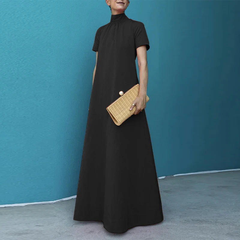 Turtleneck Short Sleeve Maxi Dress | Loose A-Line Elastic Waist Vintage Casual Dress Luxegan