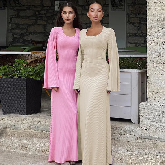 Long Flare Sleeved Maxi Floor-Length Dress | Summer Solid Color Casual Office Lady Dress | Premium High-Stretch Slim Fit Lace-Up Vestido | Elegant O-Neck Empire Waist Spring/Summer Long Gown Luxegan