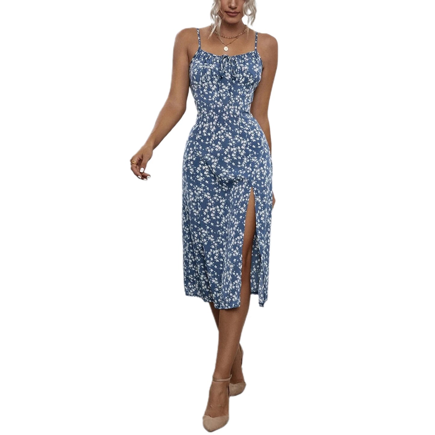 Women's Summer Trend Floral Dress | Elegant Flower Print Spaghetti Strap Maxi Dress | Premium Sleeveless High Slit Ladies Vestido | Trendy V-Neck High-Waist Flowy Special Occasion Summer Gown Luxegan