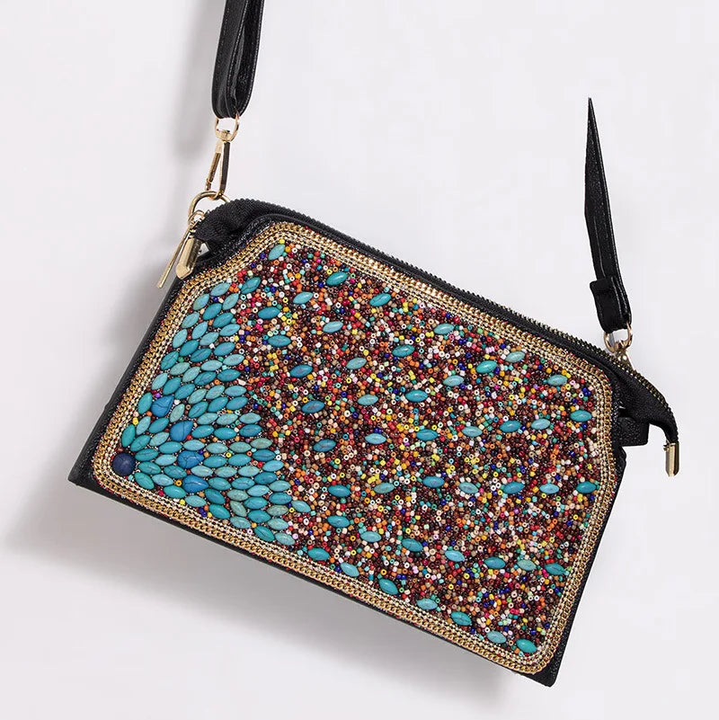 Geometric Pattern Bohemian Crossbody | Sophisticated "National Style" Silhouette | Elegant Handmade Beaded Ethnic Purse | "Dignified" High-Performance PU Essential with Shell Decoration for Radiant Versatile Styling Luxegan