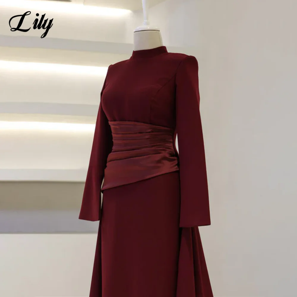 Lily Burgundy Elegant Prom Dresses High-Neck Long Sleeves Mermaid Evening Dresses Satin Muslim Formal Gowns Dubai  Customized