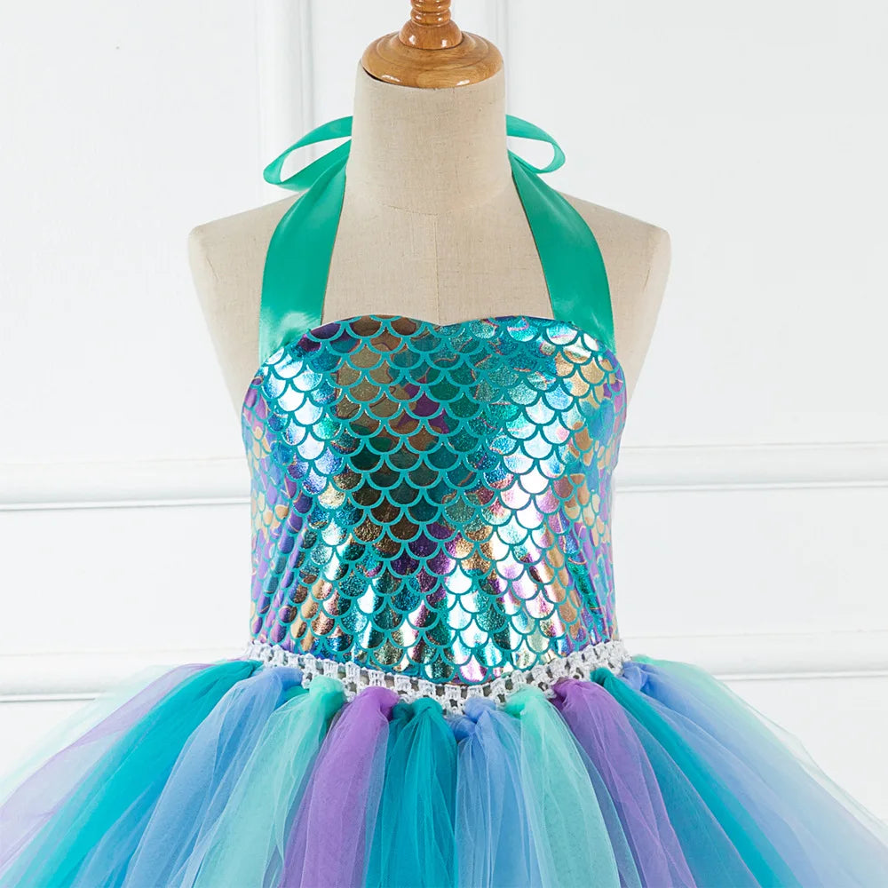 Kids Girls Cosplay Party Dress Princess Dress Up Mermaid Tulle Tutu Dresses Theme Birthday Party Costume with Flower Headband