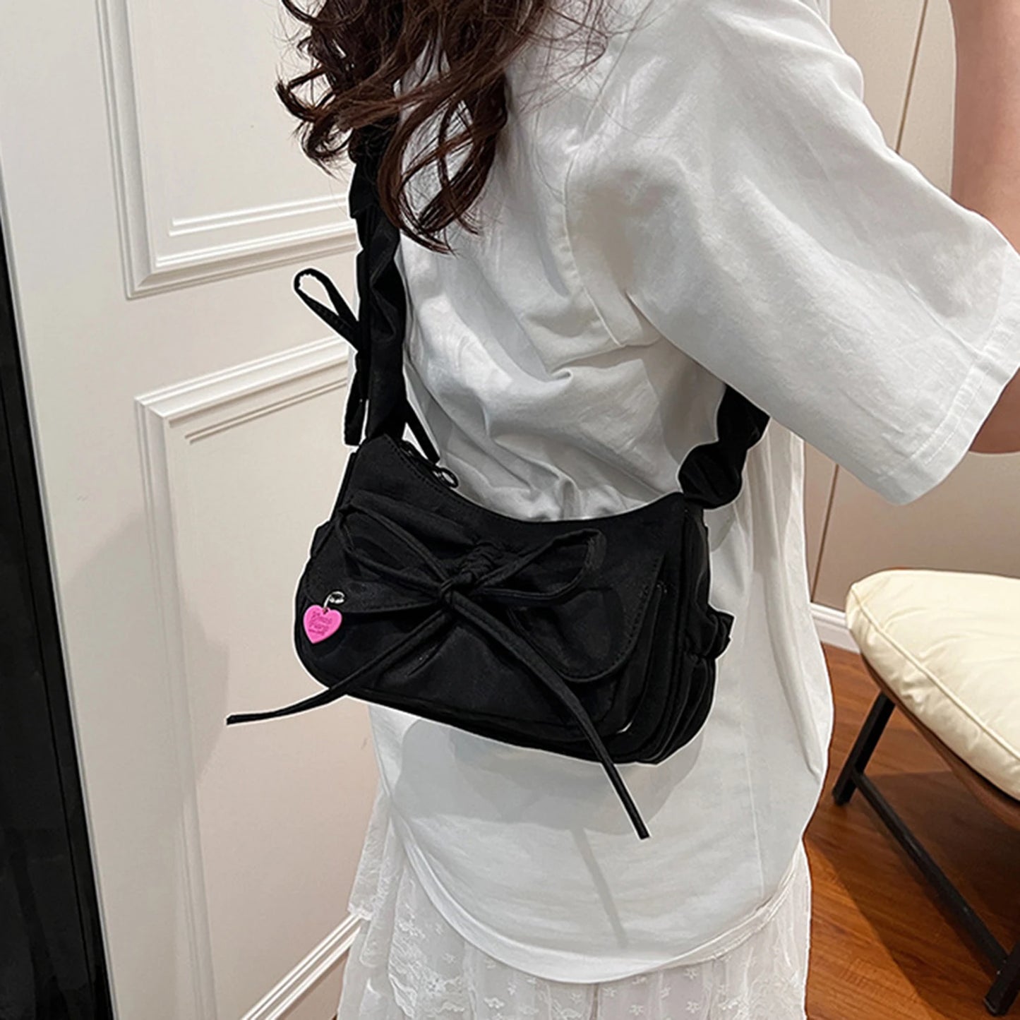 1Pcs/lot Black Bow Casual Shoulder Bag for Women | Korean Style Washed Denim Summer Handbag (Exquisite Gift for Ladies) Luxegan