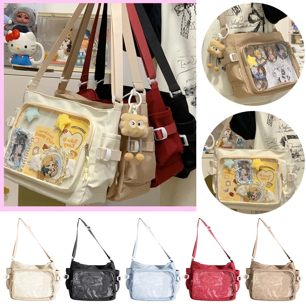 Women’s Japanese Style Ita Bag Shoulder Purse | Chic Messenger School Bag for Teenagers | Multi-Pocket Hobo Bag with Large Clear Window | Versatile DIY Display Crossbody Handbag Luxegan
