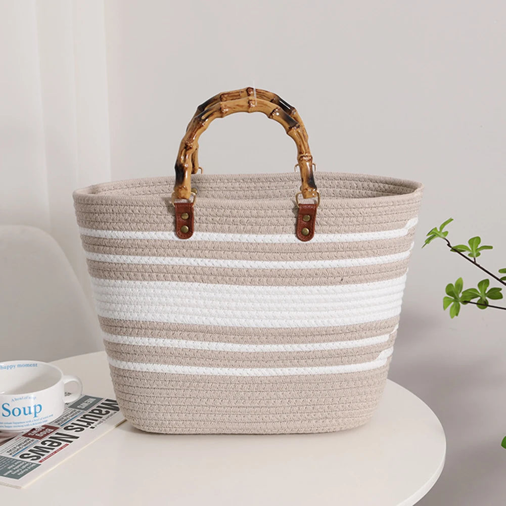 Exquisite Striped Cotton Woven Handbag | Large Capacity Women’s Weaving Bag with Bamboo Handles | Fashionable Beach Vacation Tote | Portable Seaside Party Handbag Luxegan