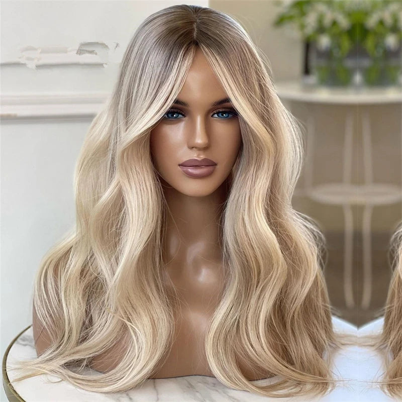 Long Platinum Ashy Blonde Wavy Synthetic Lace Front Wig - Glueless Wear-and-Go Soft Wave Wig - Futura Heat-Resistant Fiber Swiss Lace Wig for Women (Cosplay & Everyday Glam) Luxegan