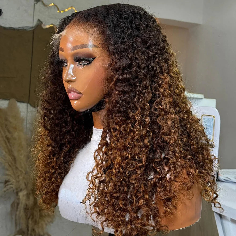 Ombre Chocolate Brown Burmese Curly HD Lace Wig | Sophisticated 7x5 Pre-Cut Invisi HD Lace Footwear | Elegant "Glueless" Silhouette | "Dignified" Chinese Remy Human Hair for Radiant Versatile Styling Luxegan