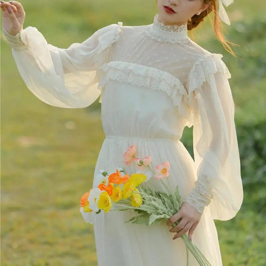 Women's Vintage Cottage Chiffon Gatsby Dress | Elegant Lace Lantern Sleeve Princess Dress | Chic Retro Beige Holiday Date Gown | Premium Tatting Slight Stretch Mid-Calf A-Line Robe Luxegan